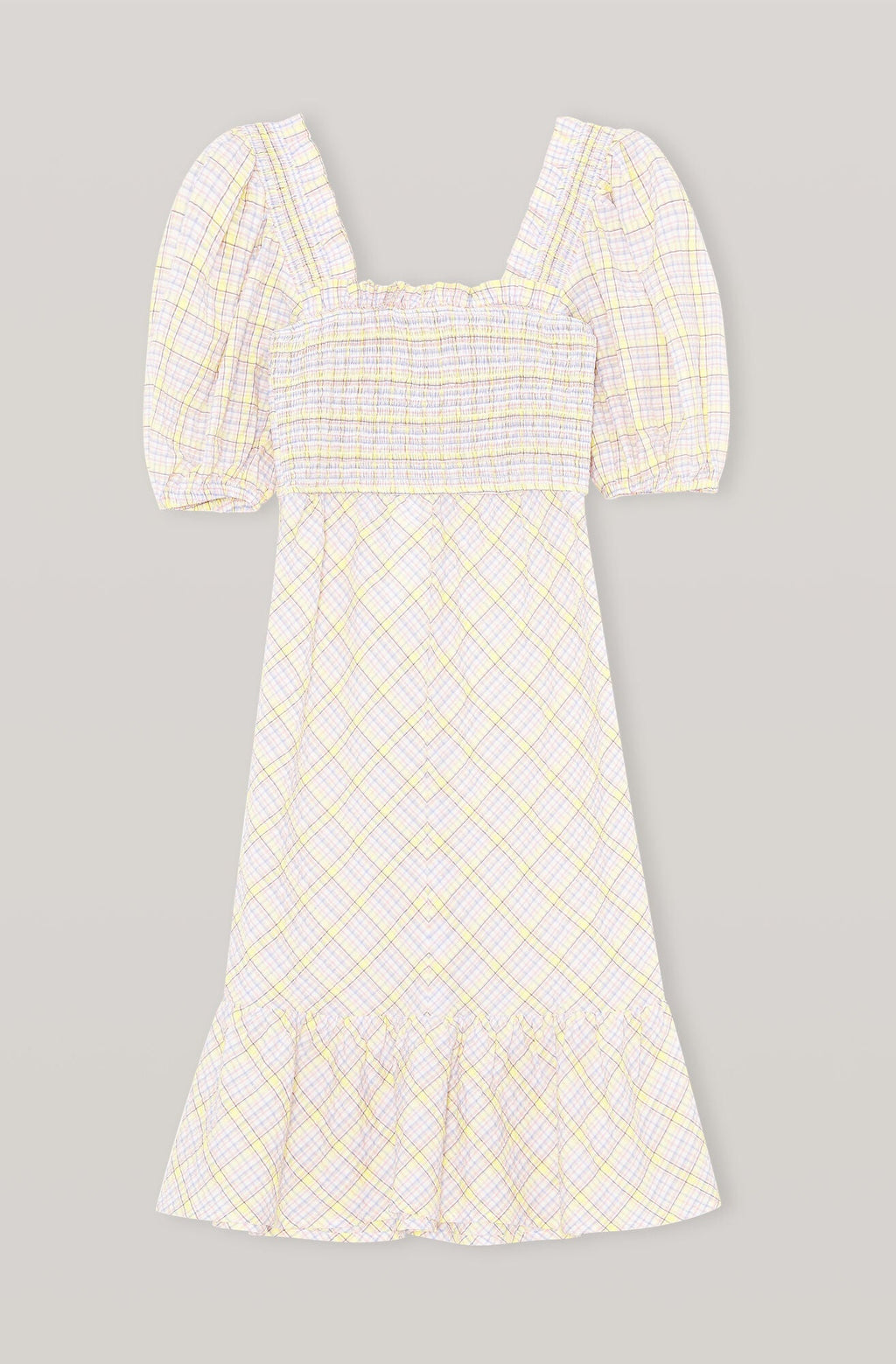 Ganni checkered seersucker shirred midi dress