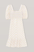 Ganni checkered seersucker shirred midi dress