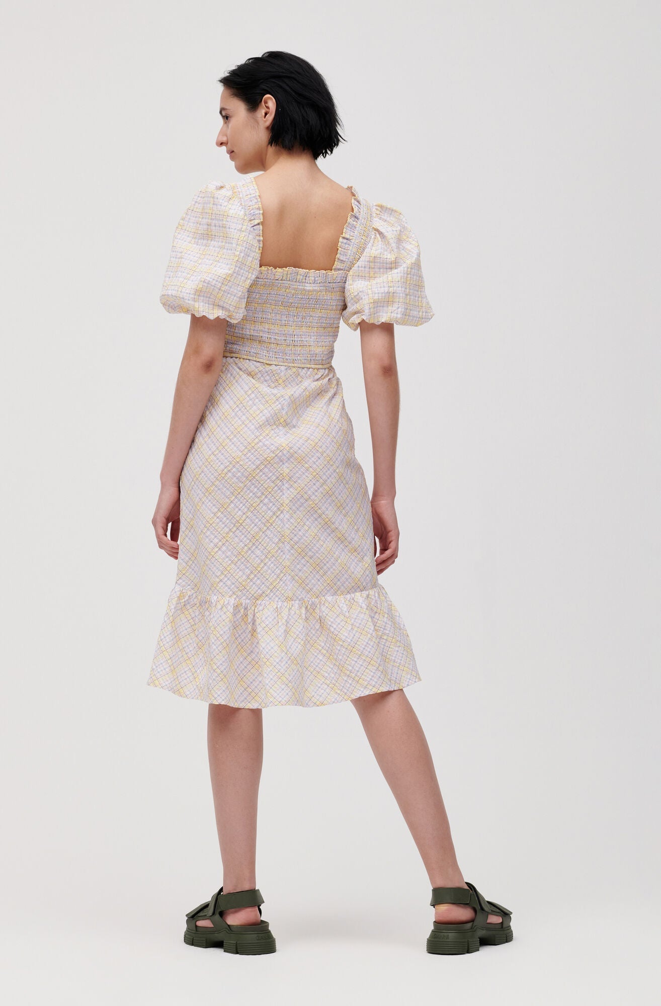 Ganni checkered seersucker shirred midi dress