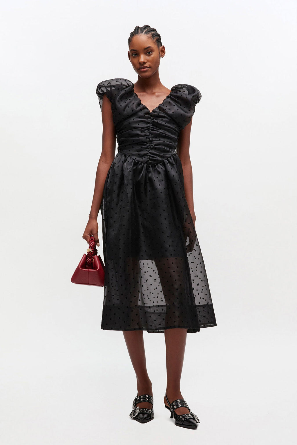 Ganni Flocked Organza Long Ruched Dress