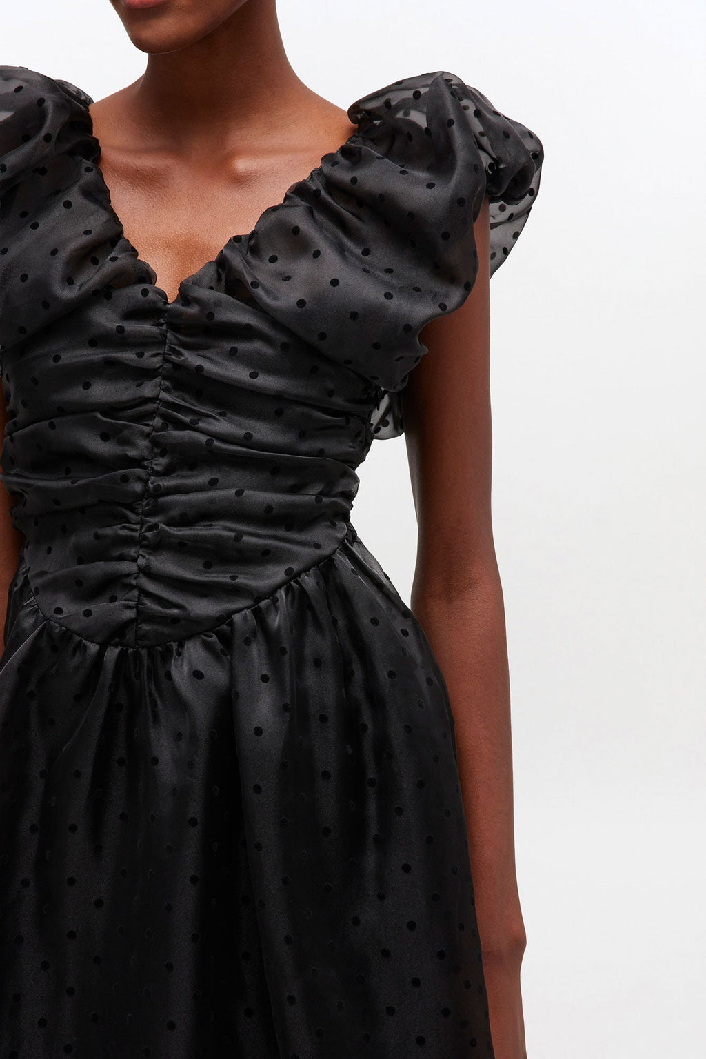 Ganni Flocked Organza Long Ruched Dress