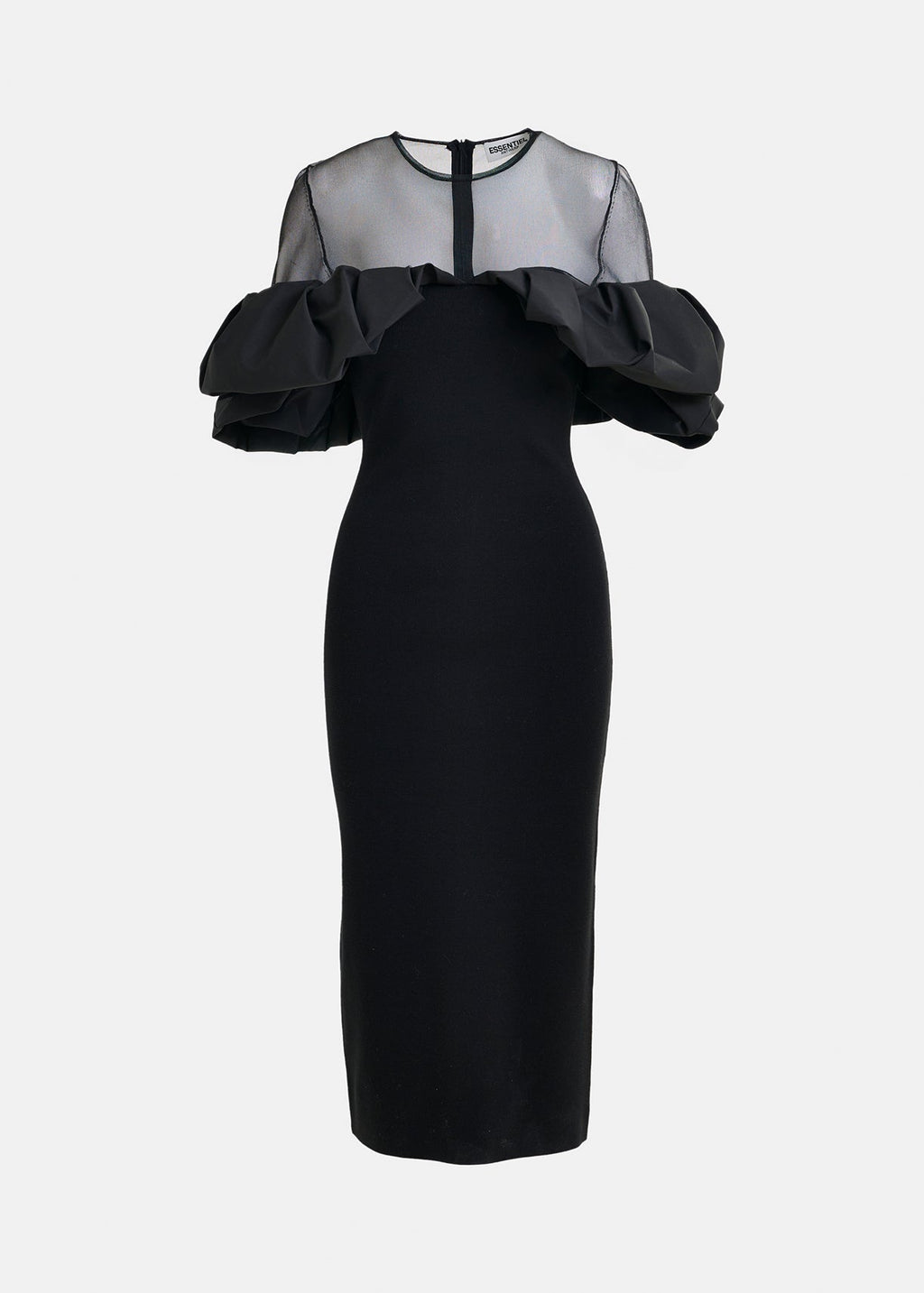 Isatis Black sheer yoke midi dress with sculptural ruffles
