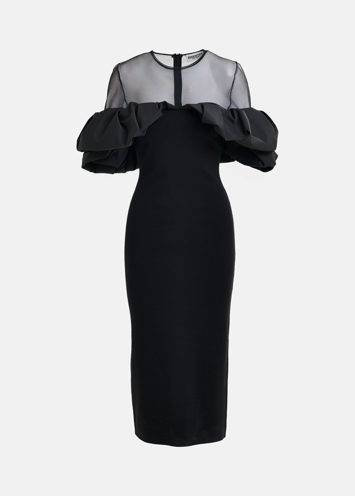 Isatis Black sheer yoke midi dress with sculptural ruffles