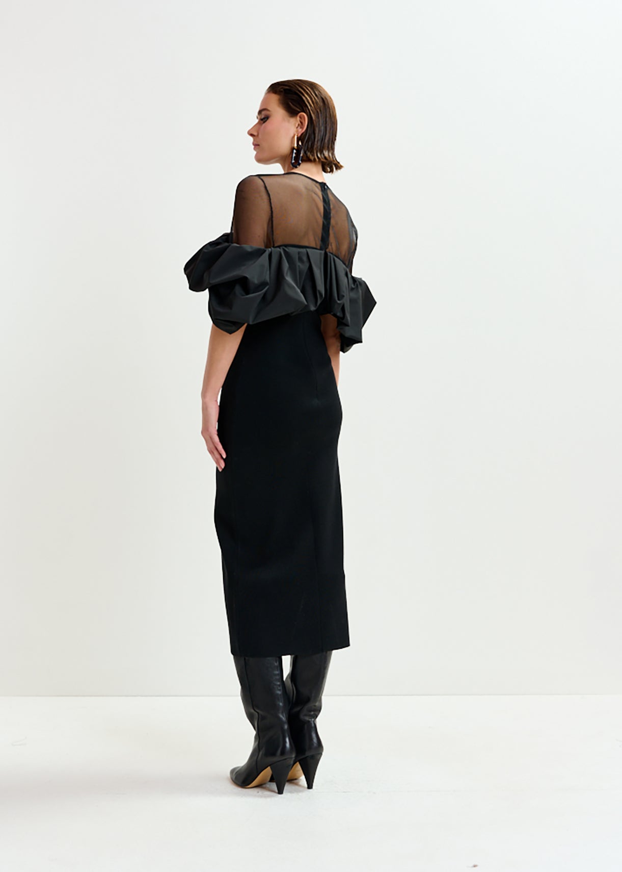 Isatis Black sheer yoke midi dress with sculptural ruffles
