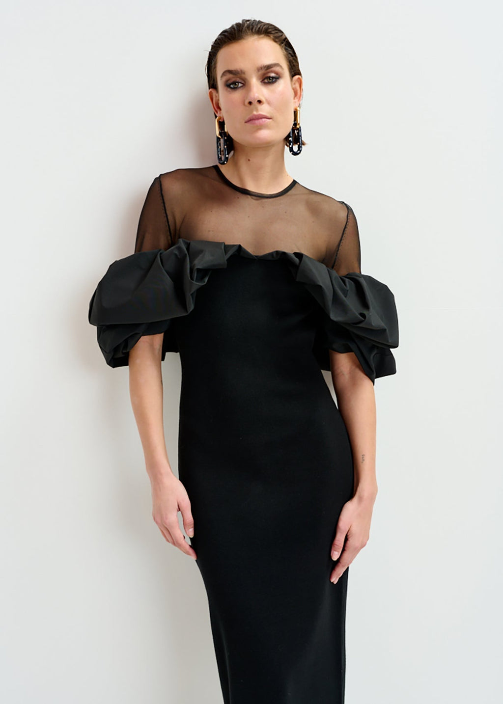 Isatis Black sheer yoke midi dress with sculptural ruffles