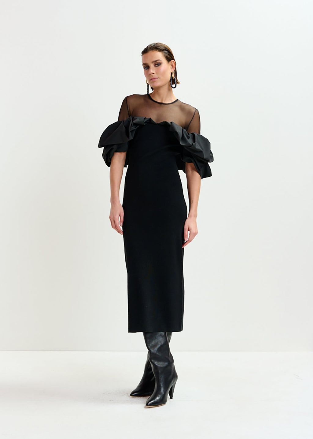 Isatis Black sheer yoke midi dress with sculptural ruffles