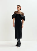 Isatis Black sheer yoke midi dress with sculptural ruffles