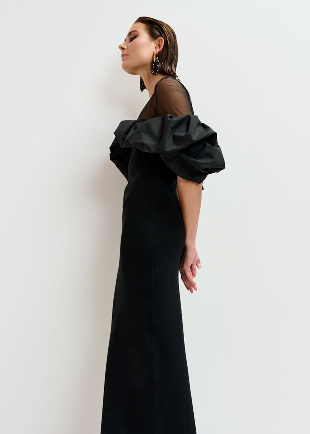 Isatis Black sheer yoke midi dress with sculptural ruffles