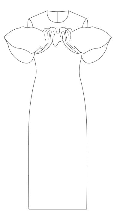 Isatis Black sheer yoke midi dress with sculptural ruffles