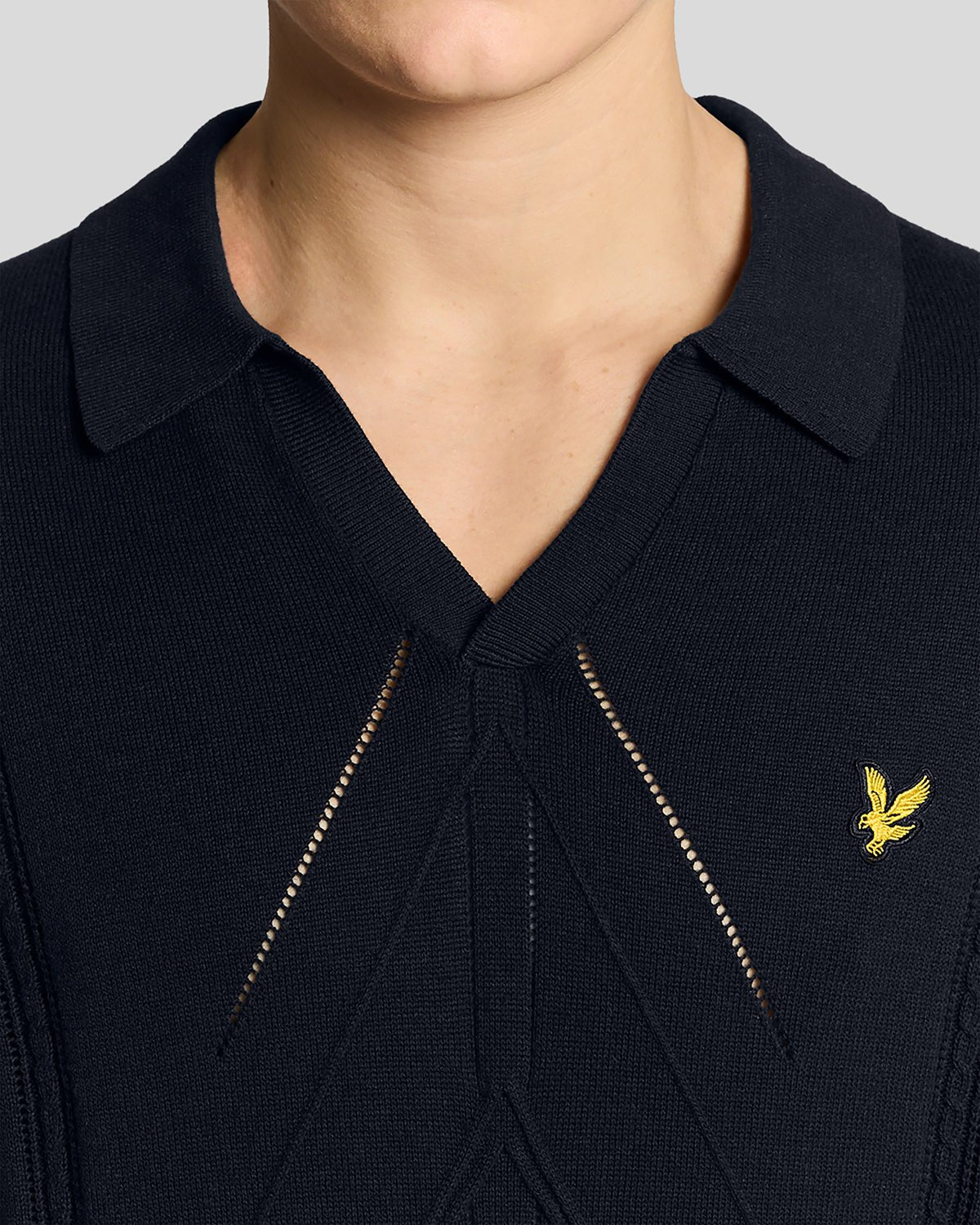 Lyle & Scott Mens Open Collar Argyle Knitted Polo Shirt | Dark Navy
