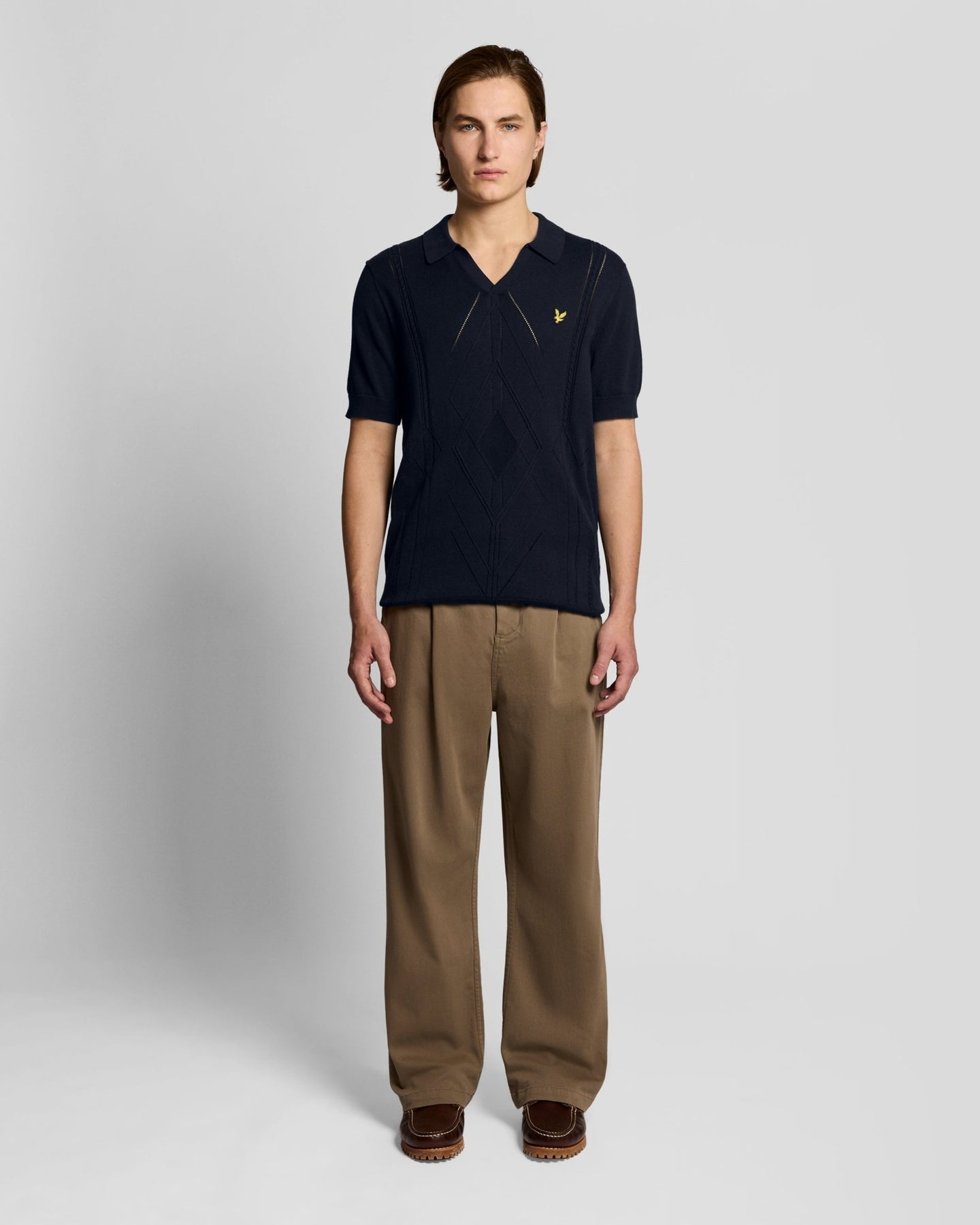 Lyle & Scott Mens Open Collar Argyle Knitted Polo Shirt | Dark Navy