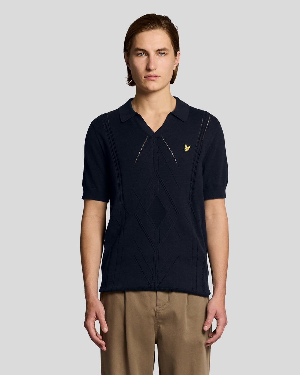 Lyle & Scott Mens Open Collar Argyle Knitted Polo Shirt | Dark Navy