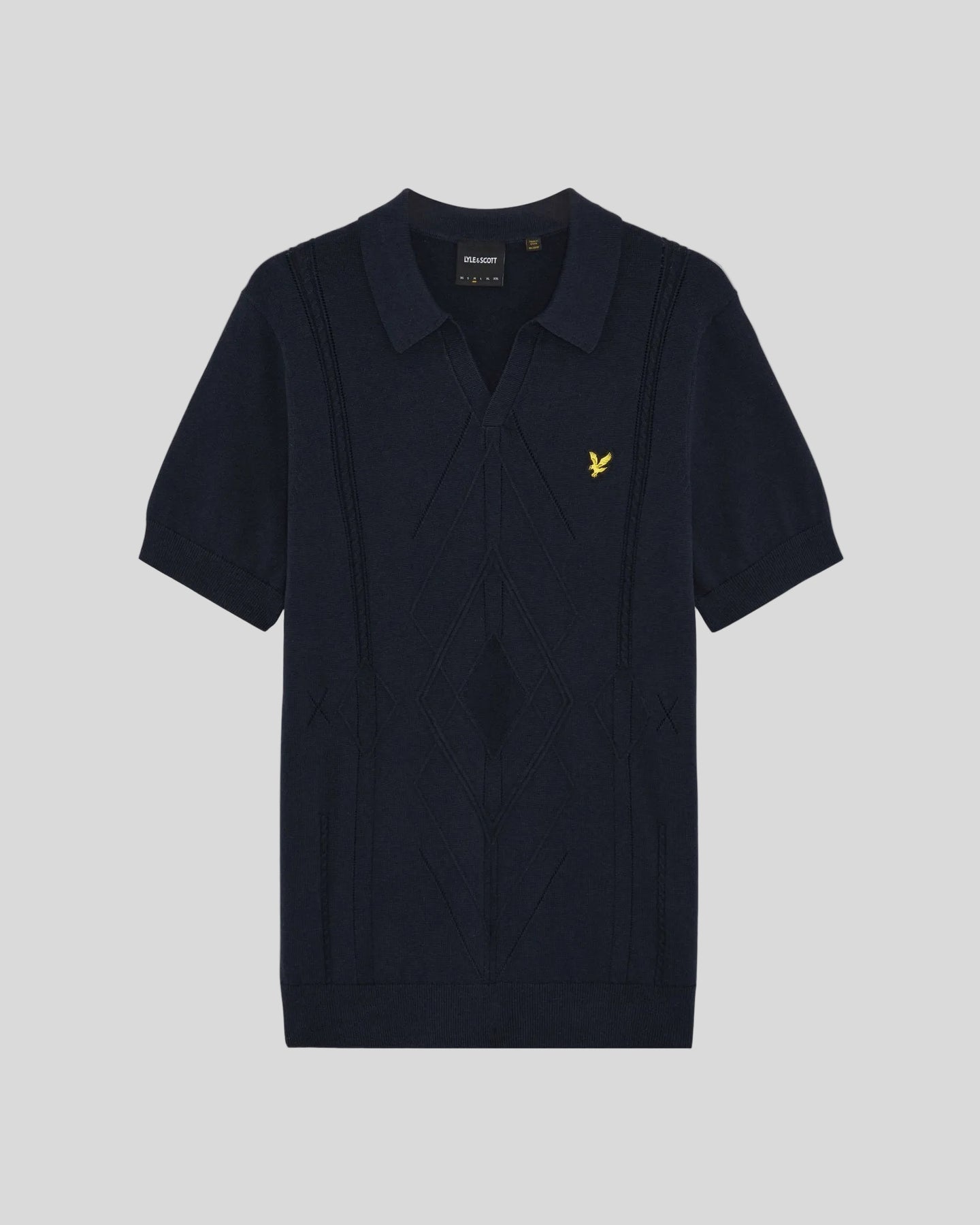 Lyle & Scott Mens Open Collar Argyle Knitted Polo Shirt | Dark Navy
