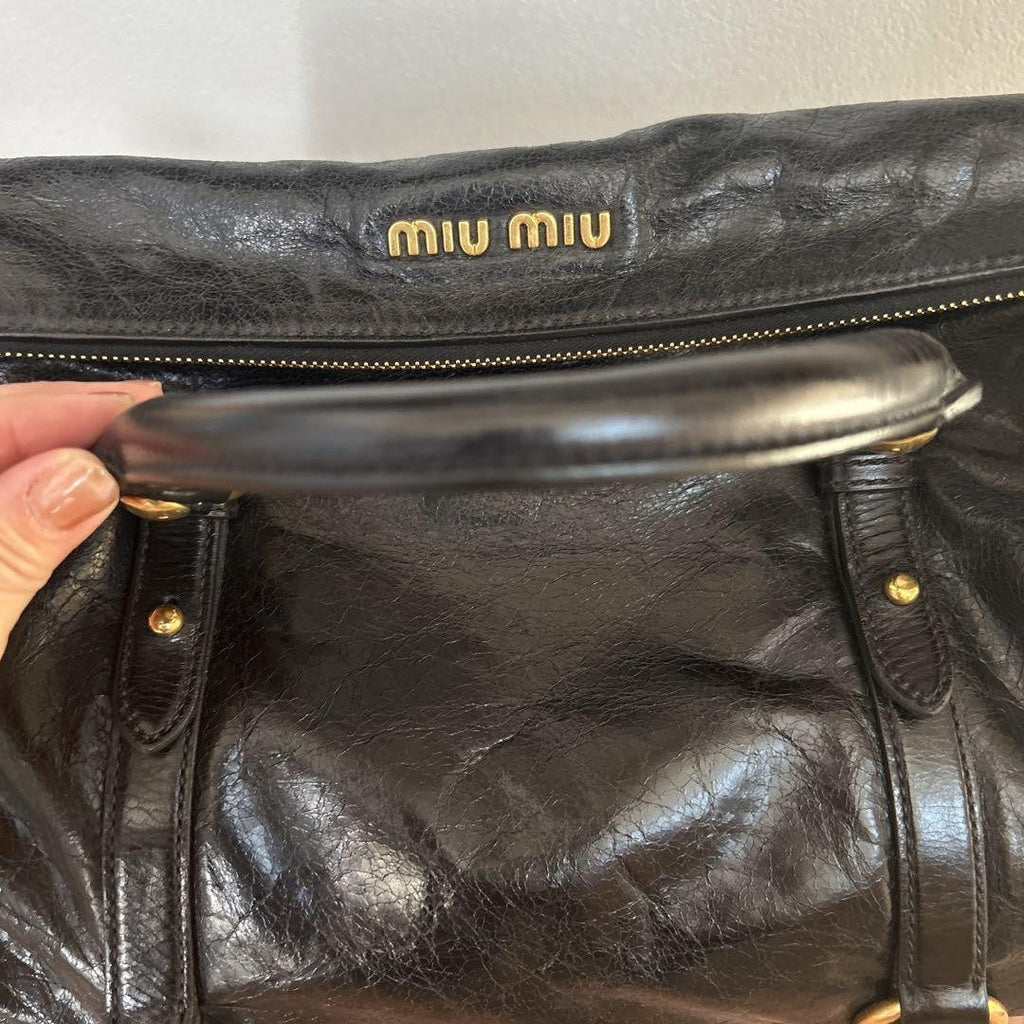 PreOwned Miu Miu VITELLO LUX 2way Hand Bag Shoulder Bag Side Ribbon Black Used 4165