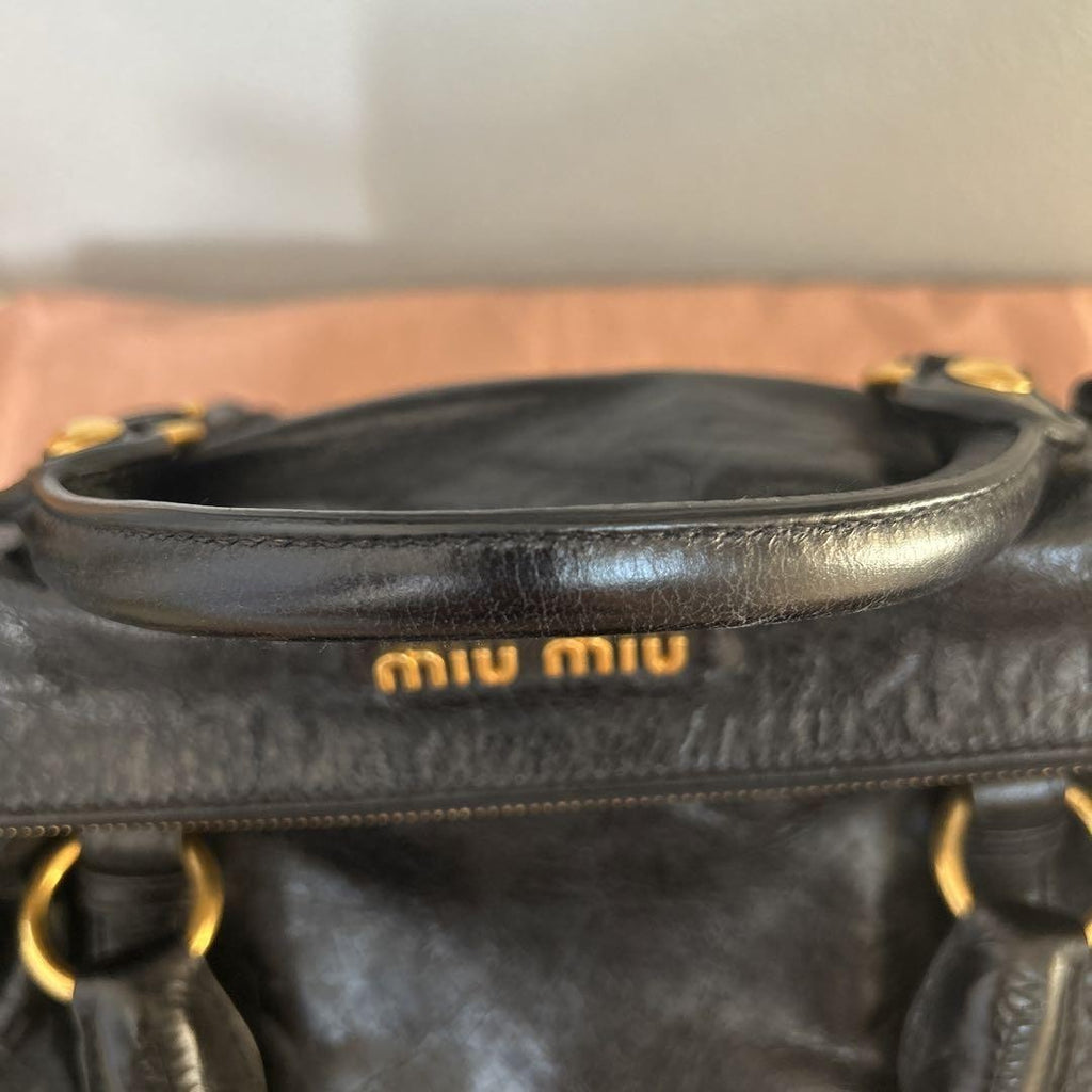 PreOwned Miu Miu VITELLO LUX 2way Hand Bag Shoulder Bag Side Ribbon Black Used 4165