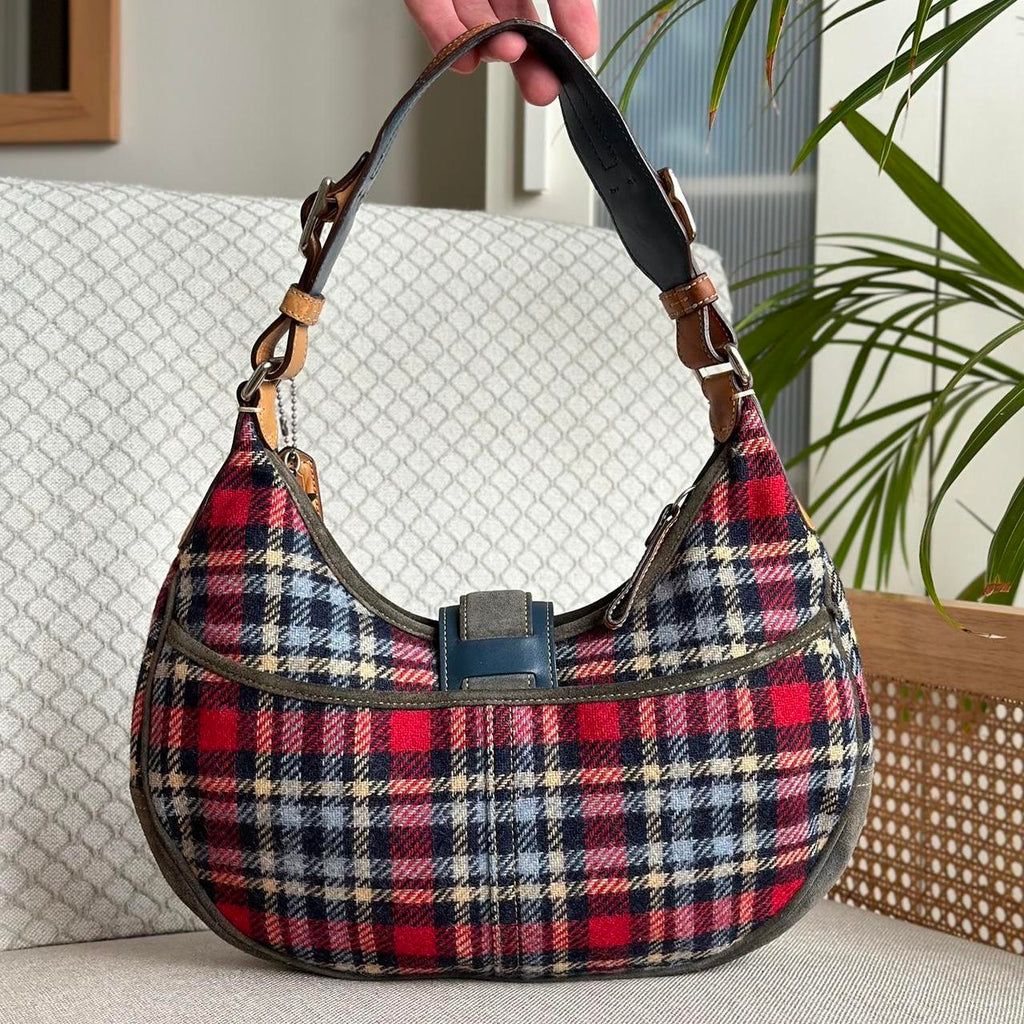 Coach Red and Blue Tartan Plaid Wool Hobo Shoulder...