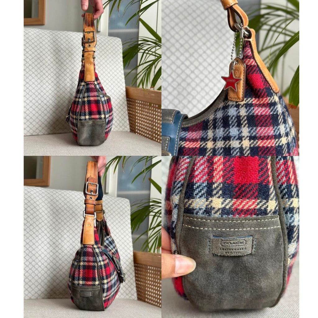 Coach Red and Blue Tartan Plaid Wool Hobo Shoulder...