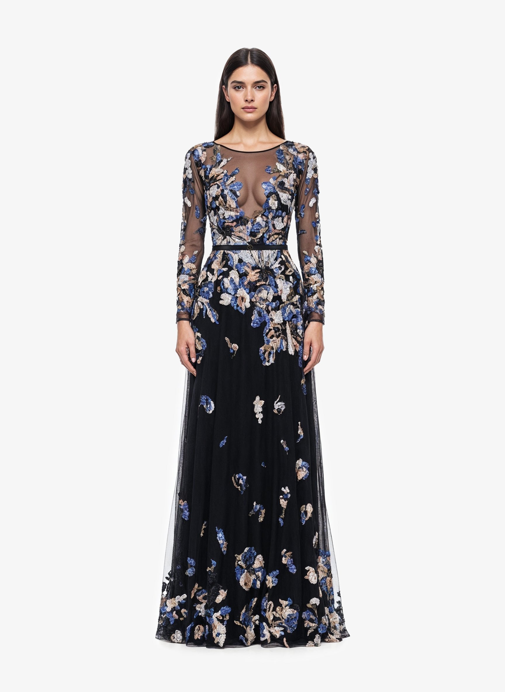 Embroidered Boat Neck Tulle Dress
