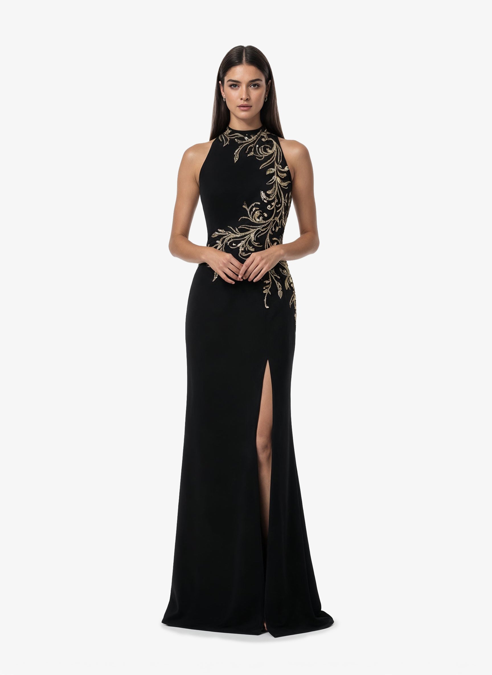 Halter Neck Embellished Crepe Dress