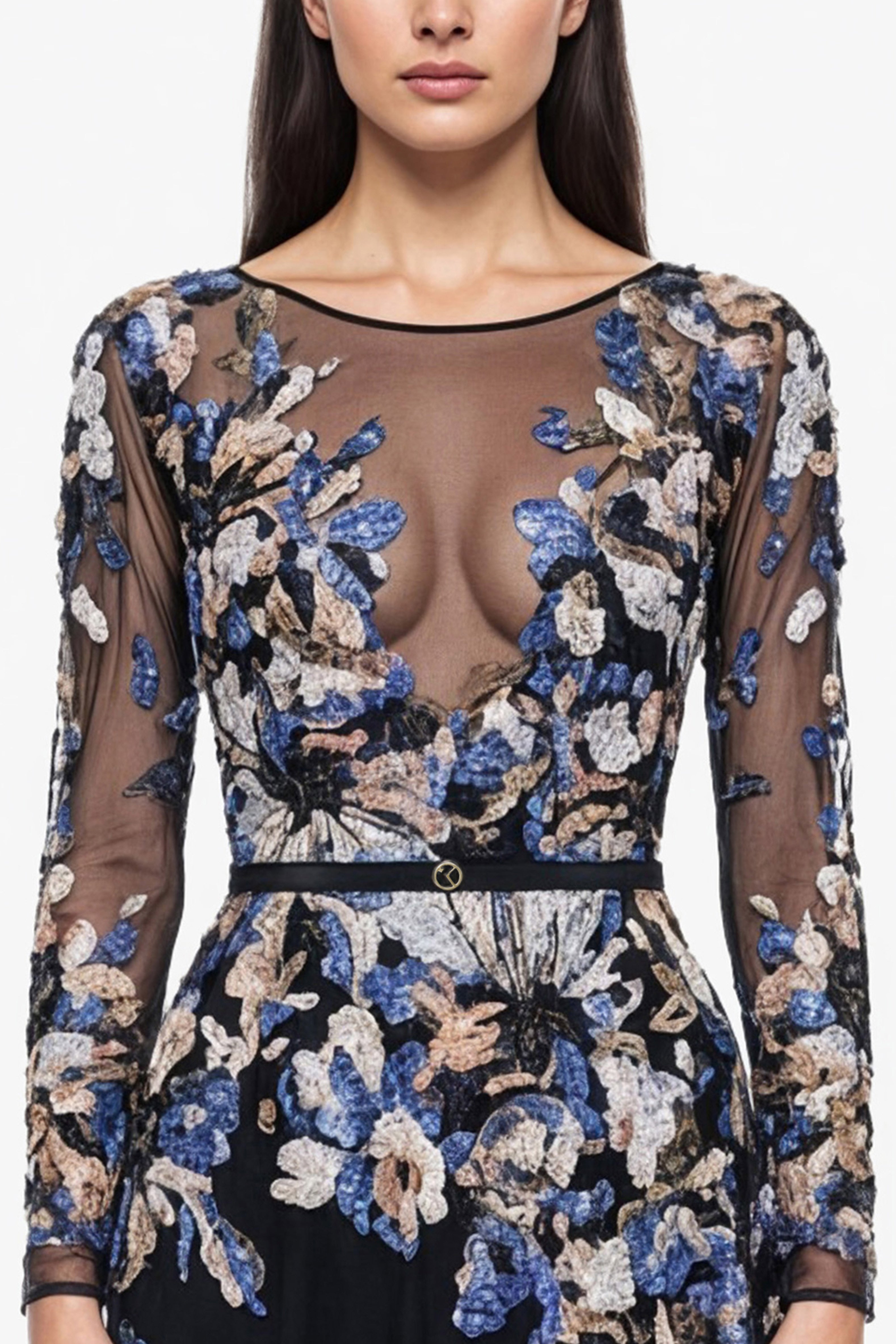 Embroidered Boat Neck Tulle Dress