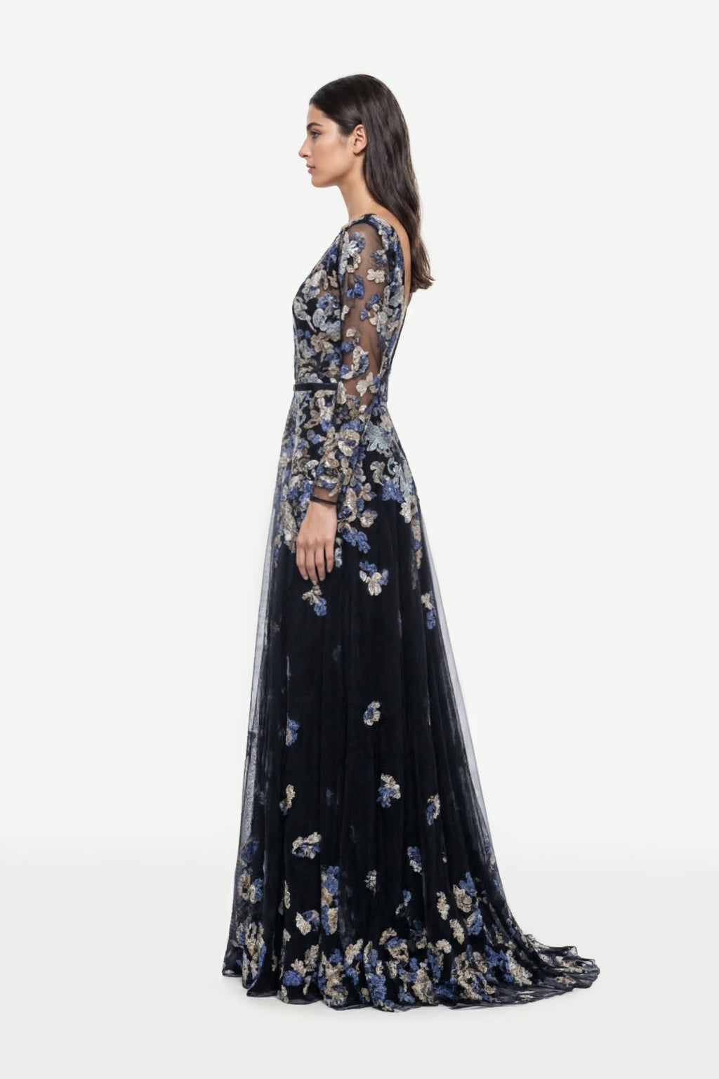 Embroidered Boat Neck Tulle Dress