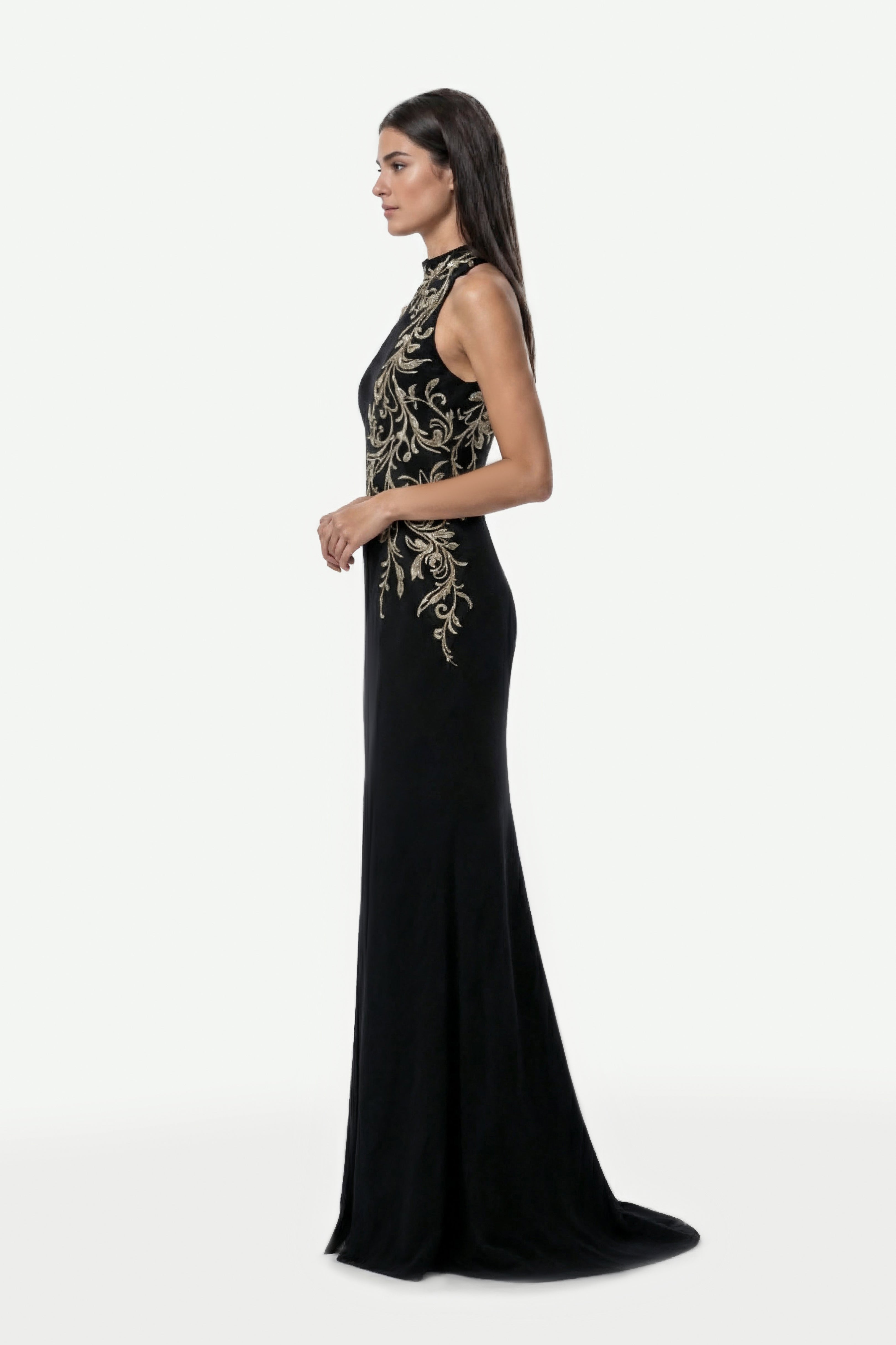 Halter Neck Embellished Crepe Dress