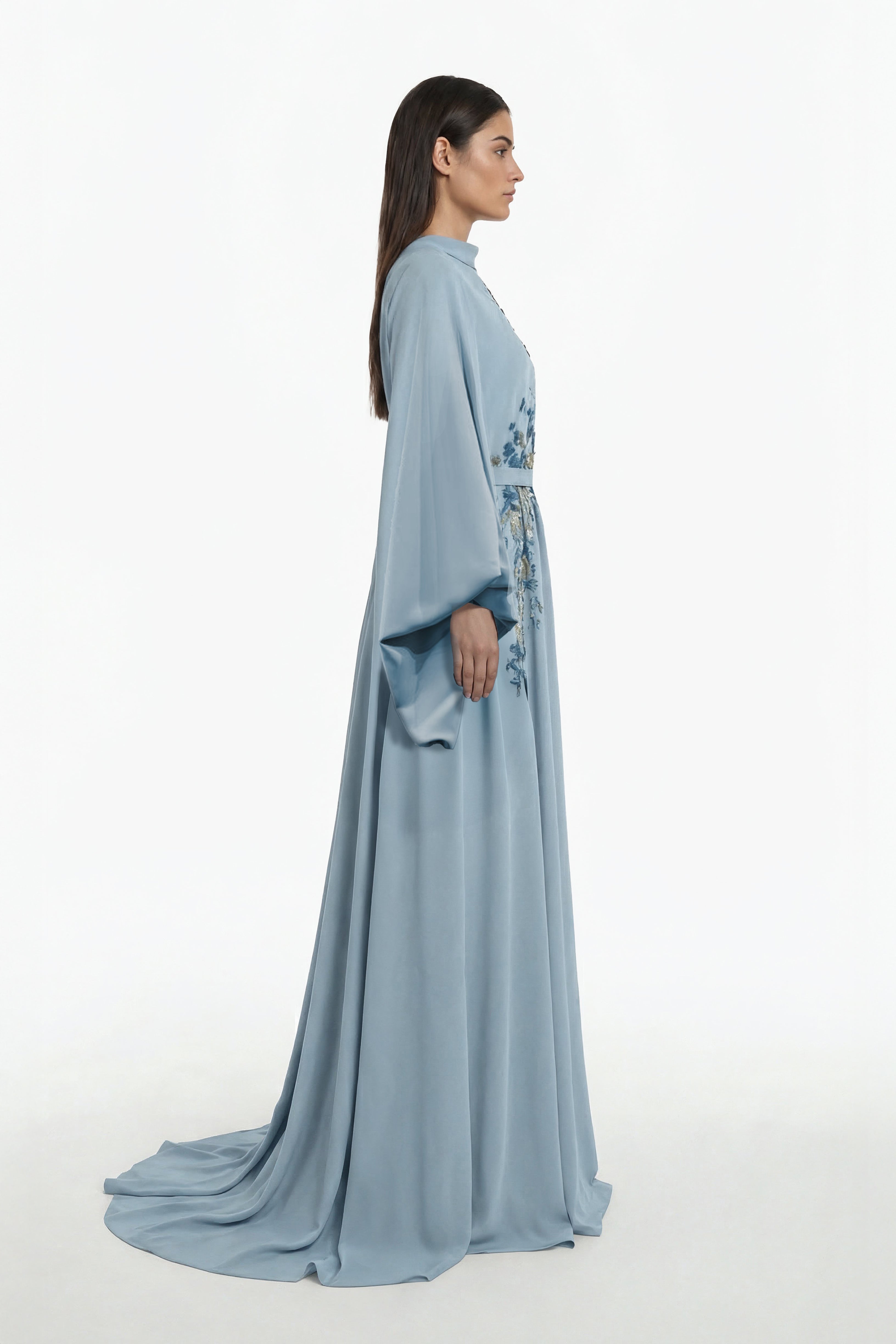 High-Neck Embroidered Crepe Kaftan